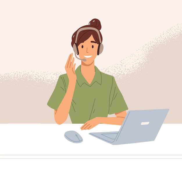 Operatore di call center in cuffia che consulta i clienti online. Lavoratore del servizio di hotline che lavora alla scrivania con il laptop. Illustrazione vettoriale piatta colorata dell'agente nel reparto di assistenza clienti.