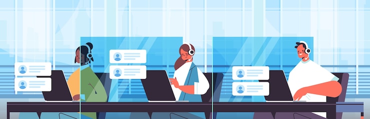 Vettore operatori con auricolare in chat con i clienti call center agenti che lavorano in ufficio ritratto del servizio di assistenza clienti