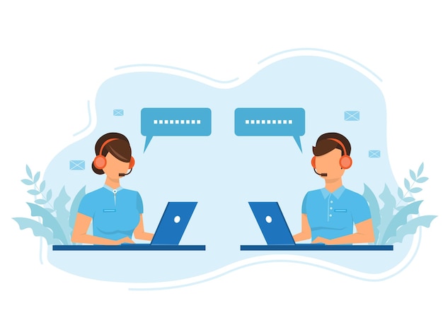 Operatori di uomo e donna in cuffia che consigliano i clienti in stile piatto design.I lavoratori del call center aiutano i clienti.Call center, hotline piatta