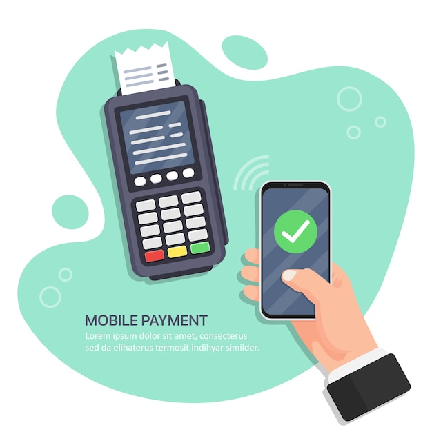 Operazione di pagamento riuscita. Il terminale POS conferma il pagamento tramite smartphone. Mano che tiene smartphone con pagamento mobile