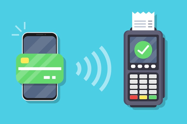 Operazione di pagamento riuscita. Il terminale POS conferma il pagamento tramite smartphone. Smartphone con pagamento mobile