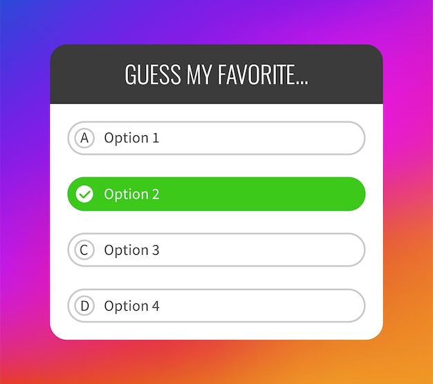 Opzione quiz. Adesivo per social media con interfaccia domanda, pulsanti di selezione e indovinare mockup, cornice su sfondo sfumato luminoso, finestre con risposte corrette e errate, modello vettoriale di web design