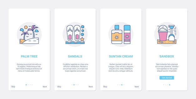 Ora legale spiaggia vacanza linea oggetti UI UX onboarding set schermata della pagina dell'app mobile