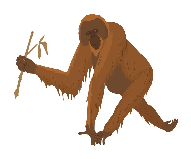 Vettore orangutan una grande scimmia rossa con una faccia larga raffigurato mentre cammina con un bastone di bambù lungo cappotto arancione immagini per riserve naturali zoo e accessori educativi per bambini illustrazione vettoriale