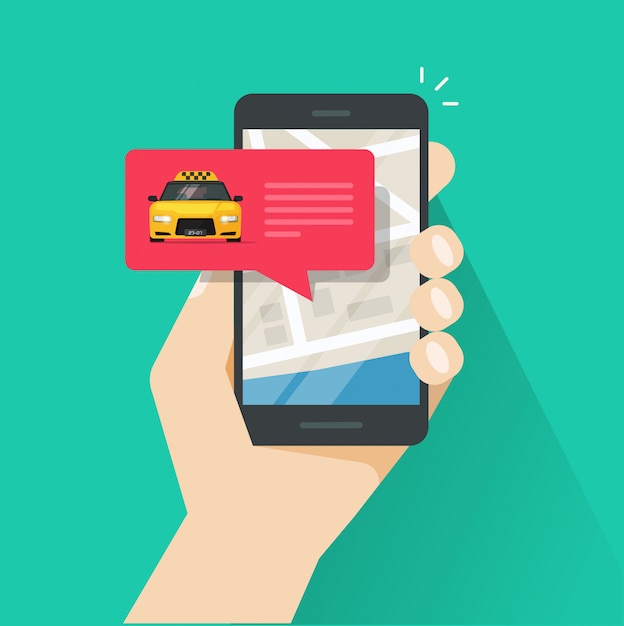 Ordinando il taxi online sulla mappa della città sul cellulare o sul fumetto piatto dell'illustrazione di vettore del cellulare