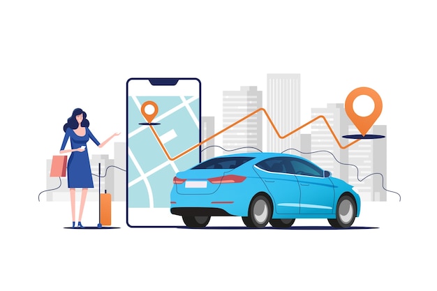 Ordinazione online di taxi, noleggio e condivisione utilizzando l'applicazione mobile del servizio.
