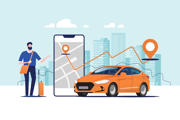 Ordinazione online di taxi, noleggio e condivisione utilizzando l'applicazione mobile del servizio.