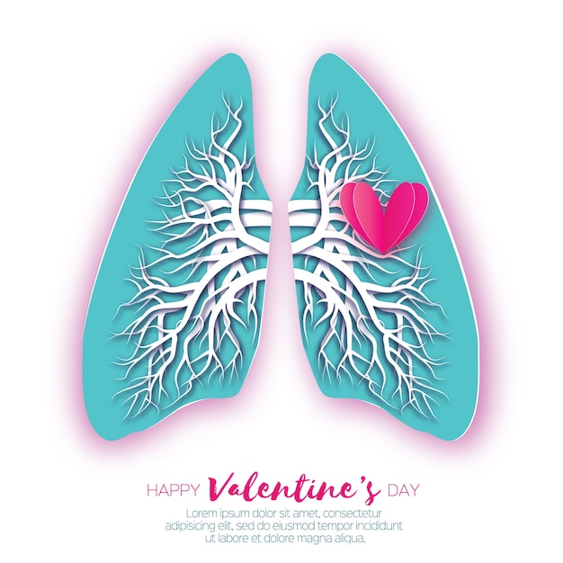 Origami di polmoni. Amore cuore. Carta blu tagliata anatomia umana dei polmoni con albero bronchiale