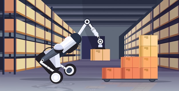 orizzontale moderno dell'interno interno del magazzino di concetto di tecnologia di automazione di logistica di intelligenza artificiale del robot astuto alta tecnologia della scatola di cartone del lavoratore robot