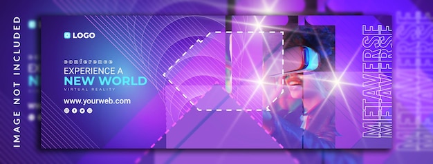 Orizzontale verticale astratto e effetto luce al neon con gradiente di realtà virtuale metaverse concetto di conferenza twitch banner design per copertina facebook con foto di donna sorridente