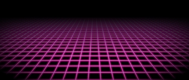 Orizzonte a telaio al neon rosa brillante sfondo magenta griglia pavimento della stanza in prospettiva retro brillante