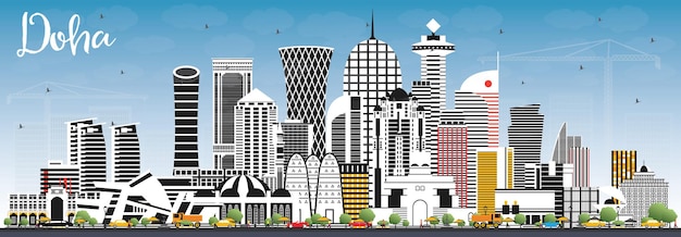 Orizzonte della città di Doha Qatar con edifici di colore e cielo blu. Illustrazione di vettore. Viaggi d'affari e concetto con architettura moderna. Paesaggio urbano di Doha con punti di riferimento.