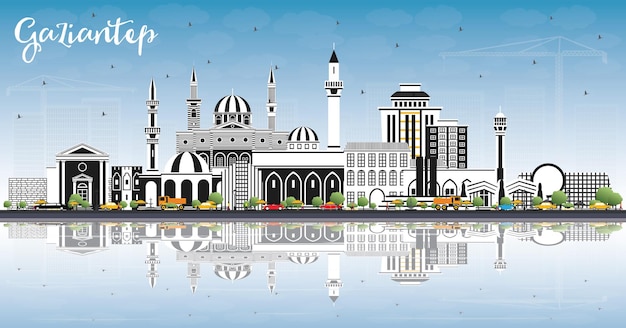 Orizzonte della città di Gaziantep Turchia con edifici di colore, cielo blu e riflessi. Illustrazione di vettore. Viaggi d'affari e concetto con architettura storica. Paesaggio urbano di Gaziantep con punti di riferimento.