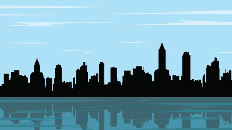 Vettore orizzonte della città minimalista con riflesso d'acqua e cielo blu