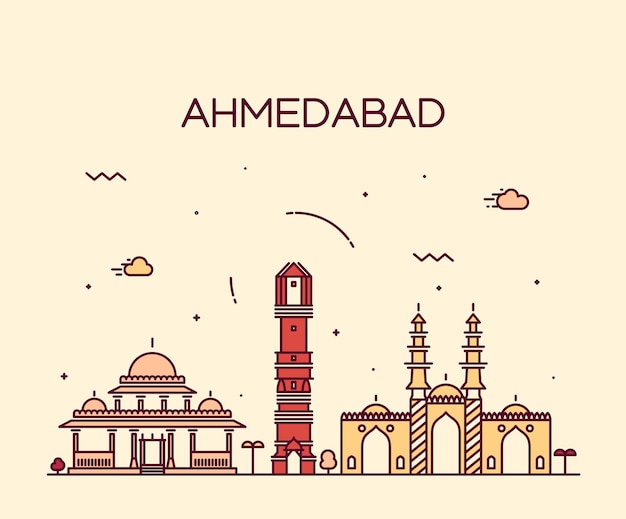 Orizzonte di Ahmedabad, silhouette dettagliata. Illustrazione vettoriale alla moda