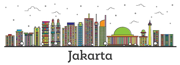 Orizzonte di contorno Jakarta Indonesia città con edifici di colore isolato su bianco. Illustrazione di vettore. Paesaggio urbano di Giacarta con punti di riferimento.