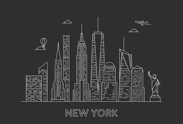 Orizzonte di New York. Sfondo di viaggi e turismo. Stile al tratto