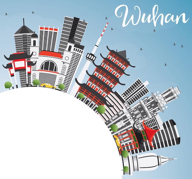 Orizzonte di Wuhan con edifici grigi, cielo blu e spazio di copia. Illustrazione di vettore. Viaggi d'affari e concetto di turismo con architettura moderna. Immagine per presentazione banner cartellone e sito web.