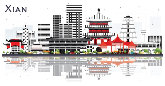 Orizzonte di Xian Cina con edifici di colore e riflessi isolati su bianco. Illustrazione di vettore. Viaggi d'affari e concetto di turismo con architettura storica. Xian Cityscape con punti di riferimento.