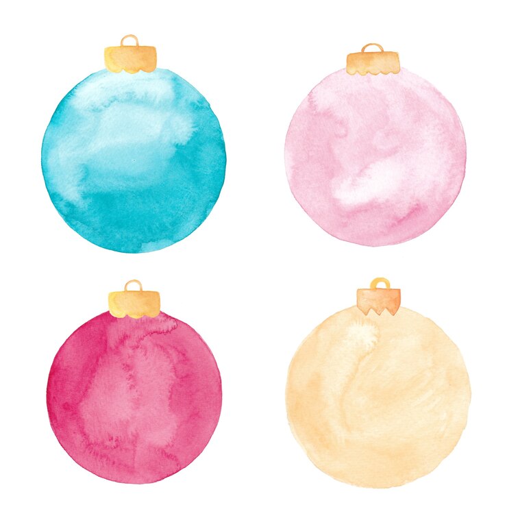 Ornamenti della sfera di Natale dell'acquerello isolati. Set di palline di Natale dipinte.