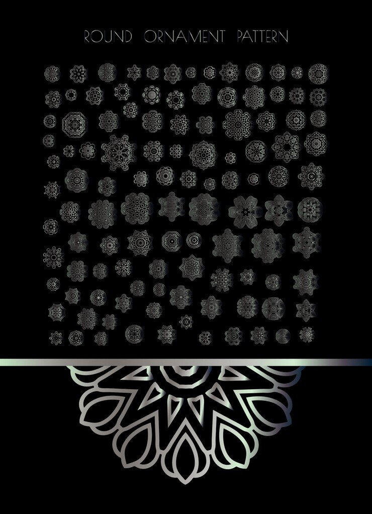 Vettore ornamento arabo rotondo mandala d'argento su sfondo nero