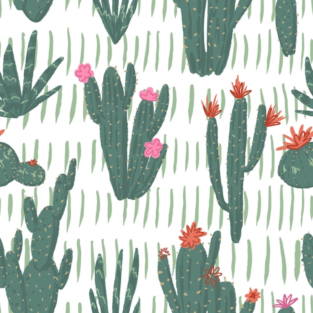 Ornamento astratto di cactus Cactus esotici del deserto piante selvatiche piante grasse pungenti in stile piatto Motivo senza cuciture vettoriale botanico luminoso