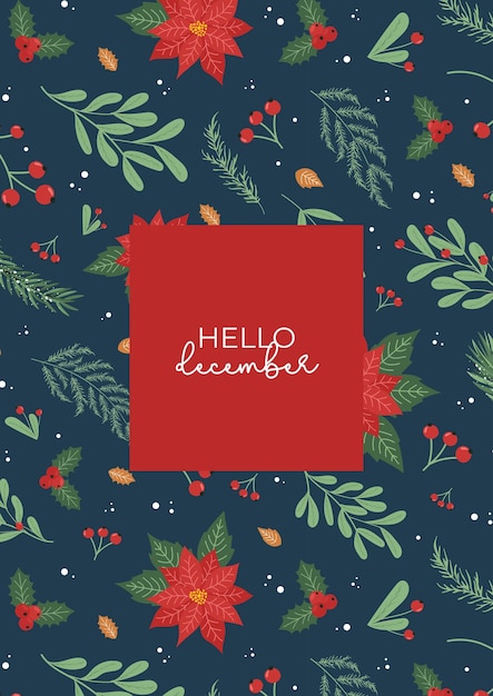 Ornamento di Natale Modello di biglietto di auguri Disegno senza cuciture con rami di pino bacche rosse vettore