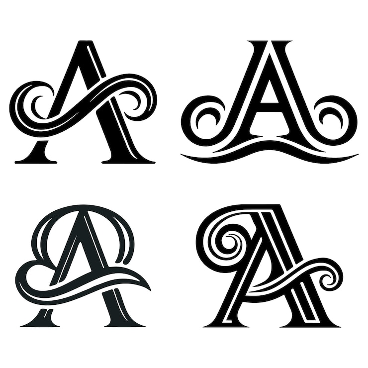Vettore ornati disegni decorativi di lettera a con abbellimenti vorticosi in tipografia in bianco e nero