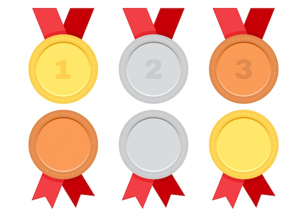 Oro, argento e bronzo. Set di medaglie premio con nastro rosso.