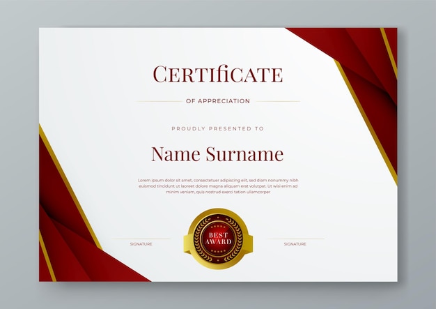 Oro rosso e bianco vettore moderno elegante e lussuoso modello di certificato per le aziende Per il premio di diploma di business workshop premio di laurea concorso di completamento e istruzione
