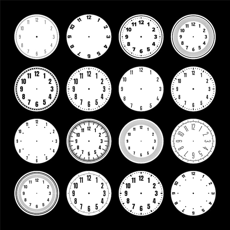 Vettore orologi meccanici con quadrante con numeri, timer o elemento di cronometro con minuti e ore