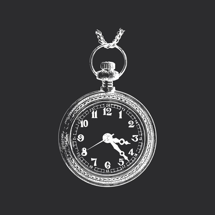 Orologio da tasca con catena su sfondo nero, illustrazione vettoriale disegnata a mano. Schizzo in stile inciso. Immagine d'epoca.