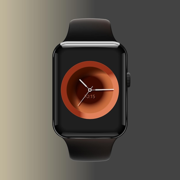Orologio elettronico intelligente realistico in nero con un quadrante arancione con frecce Illustrazione vettoriale