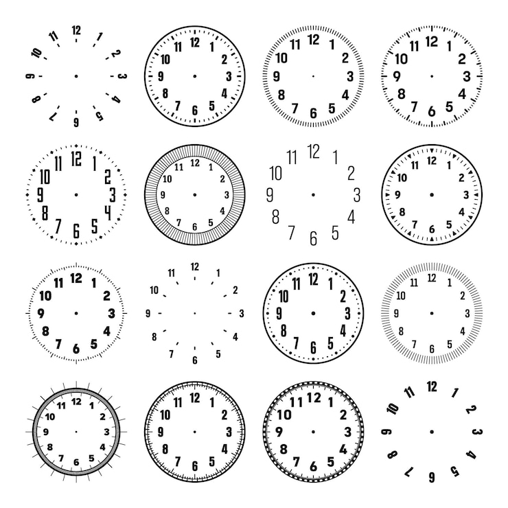 Vettore orologio meccanico con quadri a numeri arabi quadrante con segni e numeri delle ore e dei minuti