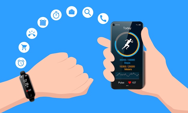 Orologio nero sulla tua mano e smart phone, app di fitness mobile con tracker e misuratore di frequenza cardiaca in esecuzione, concetto di stile di vita sano, realistico
