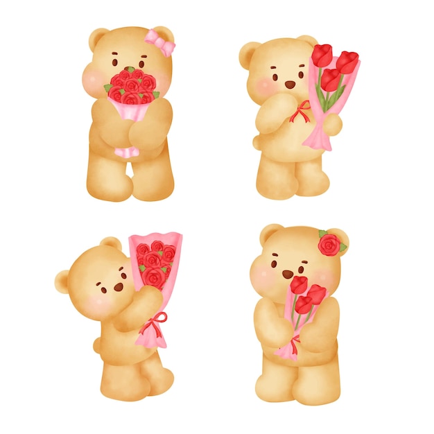 Orso carino che tiene le rose per il giorno di San Valentino striscione carta di San Valentine