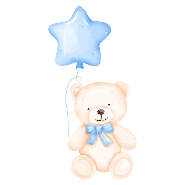 Vettore orso di peluche acquerello con illustrazione di palloncino blu