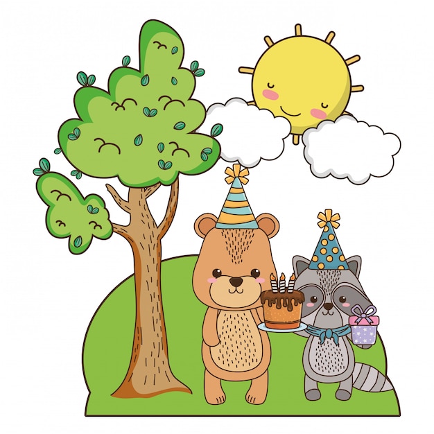 Orso e procione con buon compleanno
