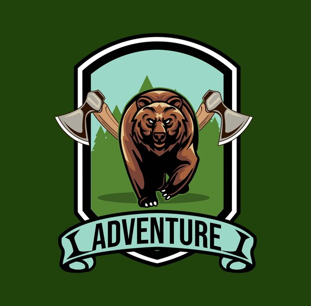 Orso illustrazione vettoriale con logo badge avventura