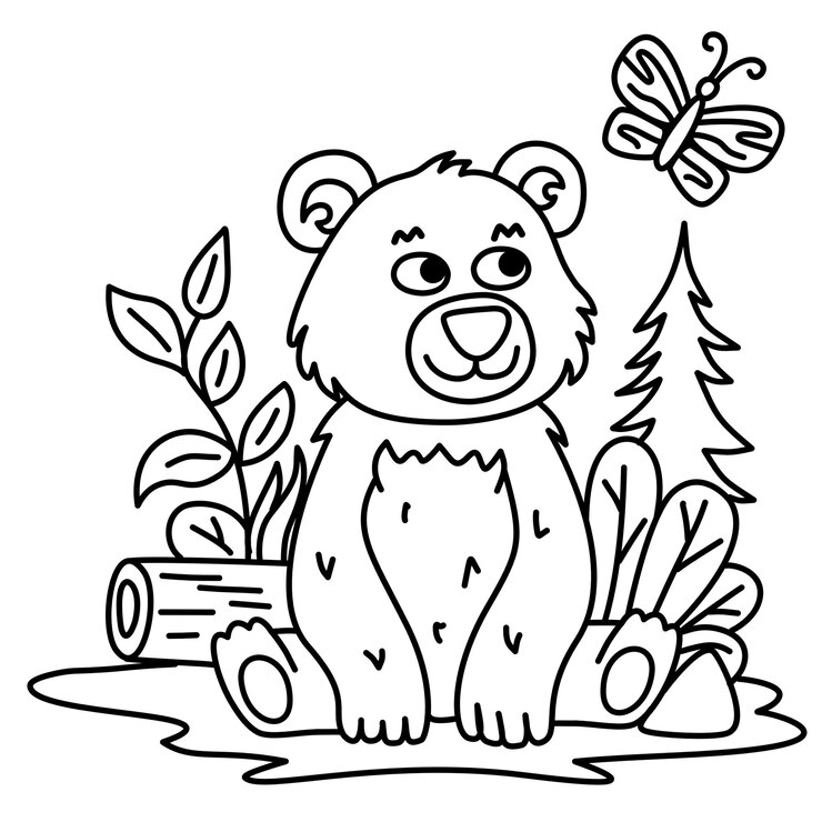 Orso in mezzo alla foresta che guarda la farfalla
