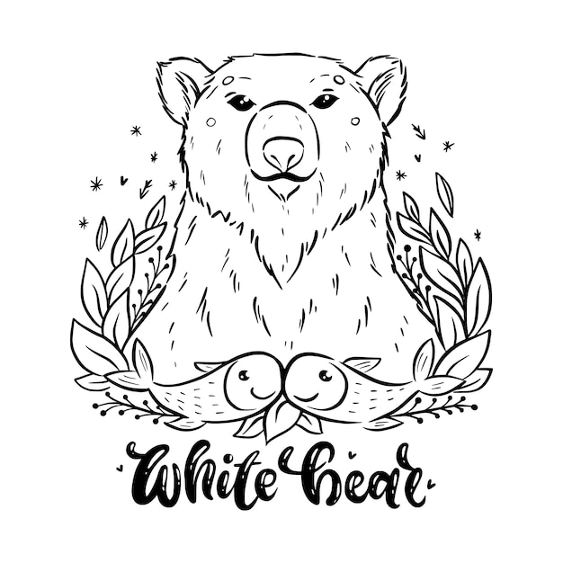 Orso polare di Natale animali selvatici carino. Doodle disegnato a mano alla moda. Buon Natale e felice anno nuovo schizzo di cartone animato. Pagina da colorare antistress per bambini e adulti