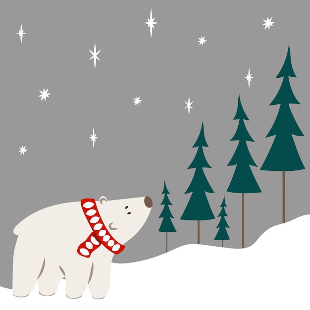 Orso polare in sciarpa di Natale che cammina sotto le stelle vicino alla foresta festosa. Carta di Natale o Capodanno