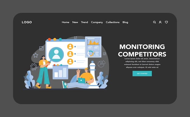 Osservazione delle tendenze in modalità scura o notturna web o landing specializzato nel monitoraggio di nuove tendenze aziendali previsione