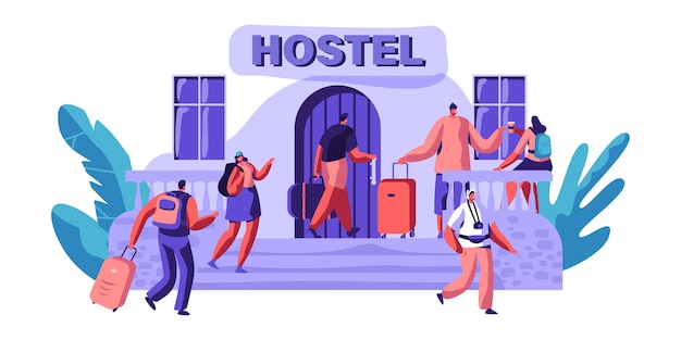 Ostello esterno per turisti. Arrivo del personaggio per Visit City. Posto economico per vivere o una notte. Casa alternativa per qualche giorno. Spazio per il relax. Illustrazione di vettore del fumetto piatto
