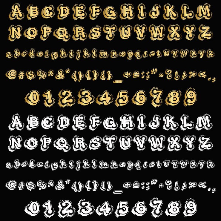 Vettore ot elliotts font alfabeto lettere maiuscole dorate lettere superiori numeri e simboli dorati