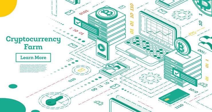 Vettore outline fattoria di criptovaluta isometrica. server minerari. illustrazione di vettore. piattaforma blockchain creazione di valuta digitale.