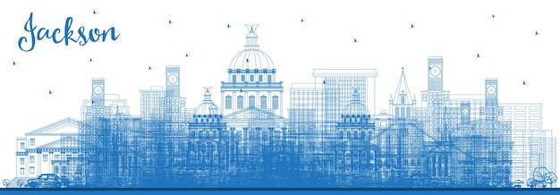 Outline Jackson Mississippi City Skyline con edifici blu illustrazione vettoriale Business Travel e concetto di turismo con architettura storica Jackson USA paesaggio urbano con punti di riferimento