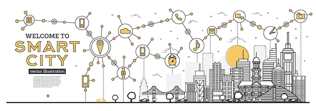 Outline Smart City Skyline Panorama Networks e Internet of Things Icons