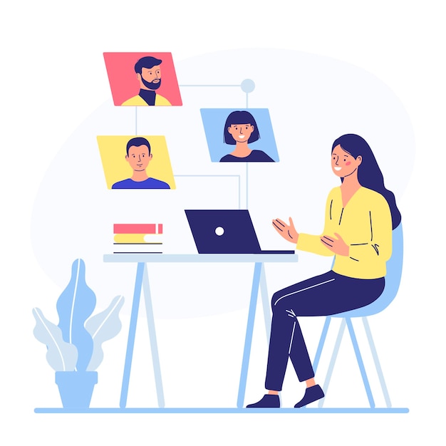 Outsourcing globale, persone che utilizzano il cloud per lavorare da remoto. Personaggio donna seduta a un tavolo che lavora su laptop collegati alla rete.