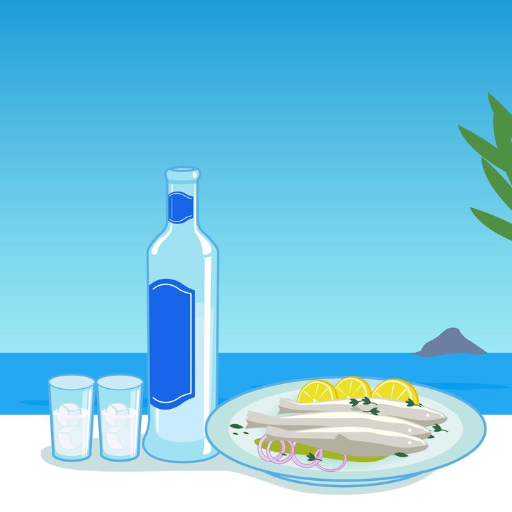 Vettore ouzo e pesce cotto in un tavolo accanto al mare illustrazione vettoriale
